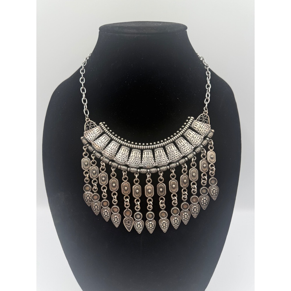 Boho Oxidized Silver Tone Bib Statement Necklace Tribal Ethnic Fringe Tassel